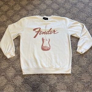 Fender Guitar Adult Size Small Off-White Glitter Pink Design Crewneck Sweatshirt